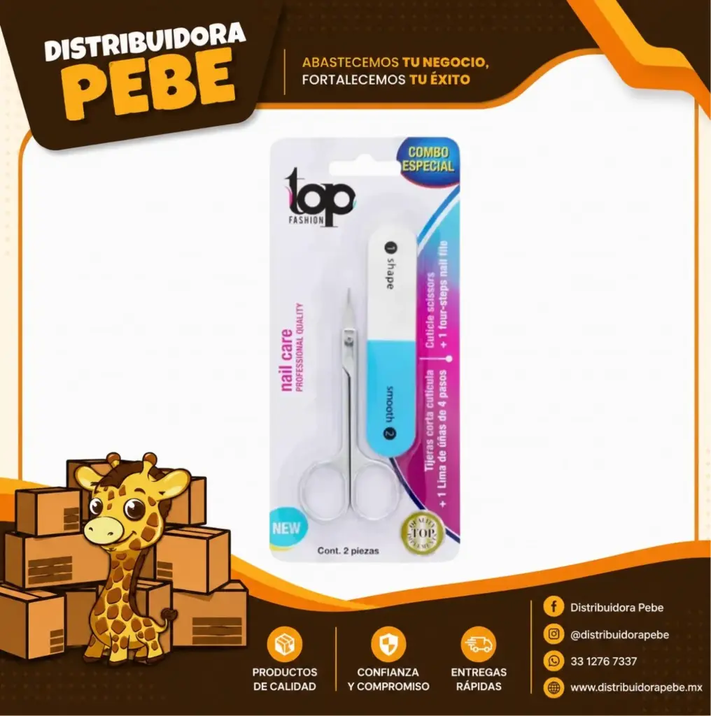 TIJERAS CORTACUTICULA + LIMA DE UÑAS DE 4 PASOS TOP FASHION 